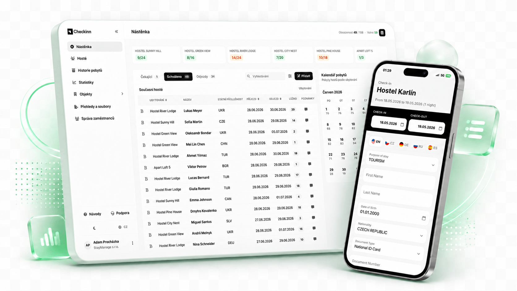 Nástěnka Checkinn.cz na notebooku a online check-in formulář na telefonu