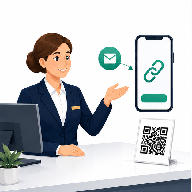 Recepce posílá check-in odkaz a zobrazuje QR kód pro hosta